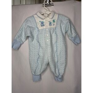 Vintage Baby Dior Blue White Grid Puppy Dog Embroidered Romper One pc Pajamas